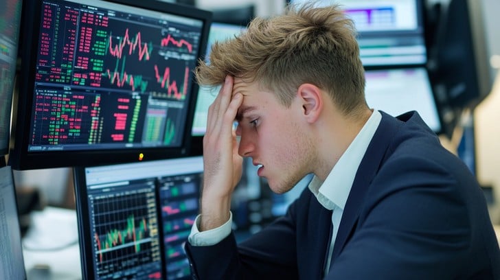 Grafik pasar yang anjlok dengan ekspresi wajah trader yang panik