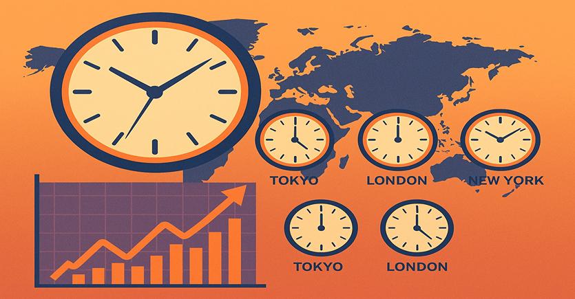 Jam dunia yang menunjukkan sesi pasar London, New York, dan Tokyo yang tumpang tindih